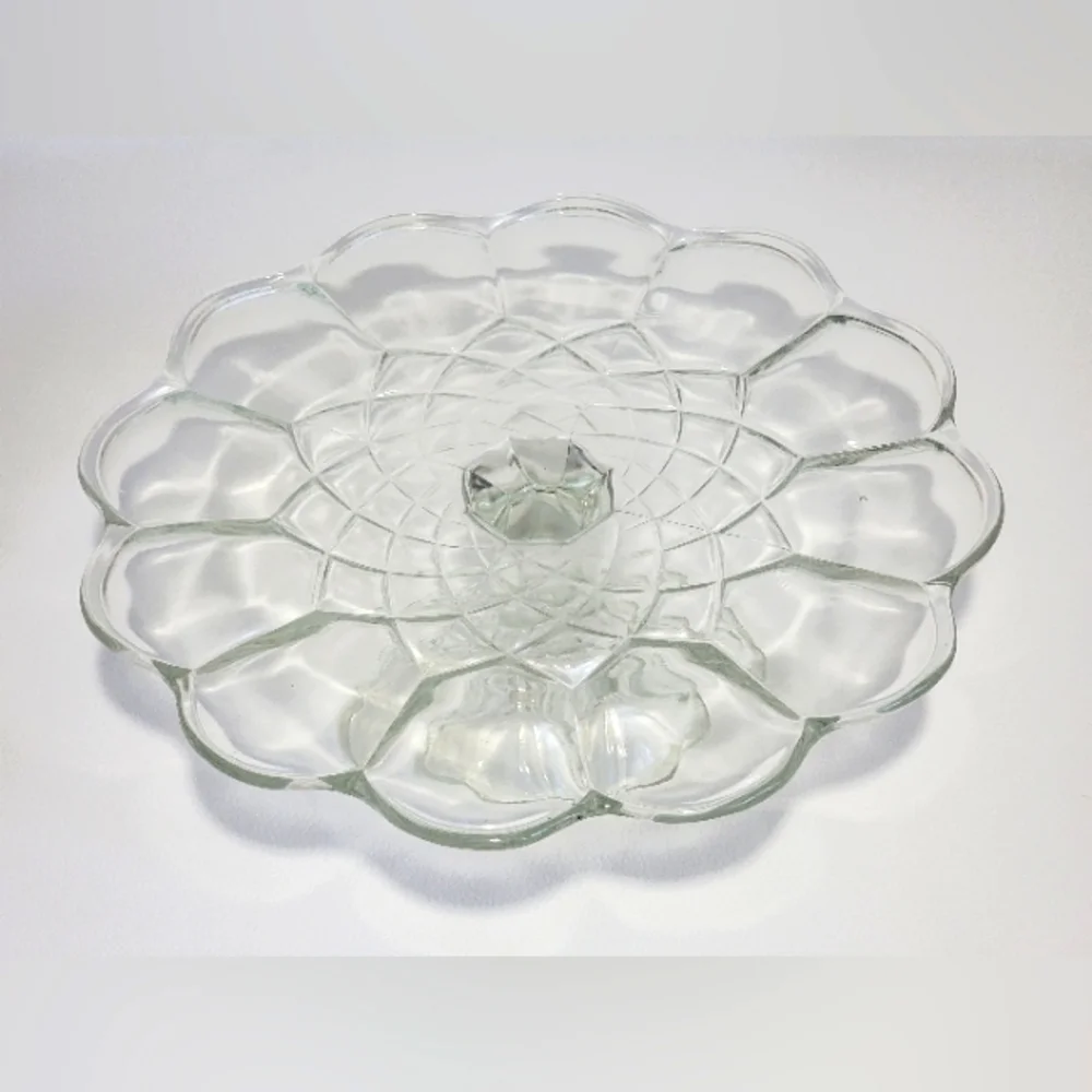 Vintage Pedestal Cake Stand L E Smith Dominion Clear Glass Scalloped Edge Design